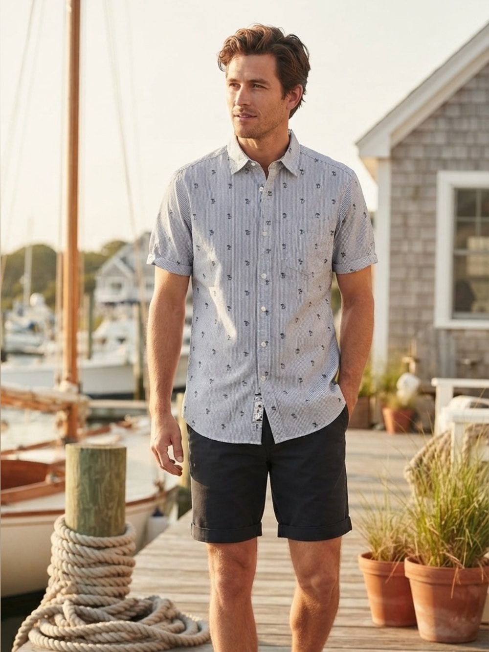 Denim & Flower Short-Sleeve Button-Down Shirt in Light Blue with Navy Motif